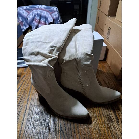 Size 11 Dream Pairs Beige Cream Stacked Heel Pointed Toe Chunky Heel Knee Boots - Picture 8 of 10